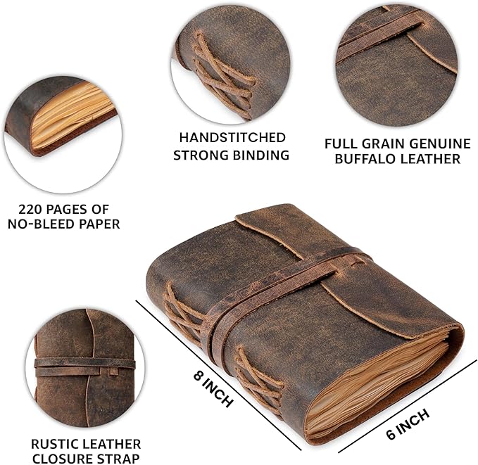 LEATHER VILLAGE Leather Bound Journal - Rustic Brown, 8"X6", 220 Pages - Vintage Blank Paper Diary for Writing, Drawing, Sketchbook, and Travel Notebook - Ideal for Women and Men