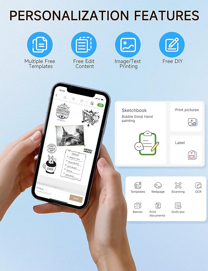 iDPRT Portable Sticker Maker Machine with 1 Roll Sticker Paper, Mini Printer Efficiently and Quickly, Thermal Printer for Study Notes, Pictures, DIY, Label, Free App with Multiple Templates,Blue