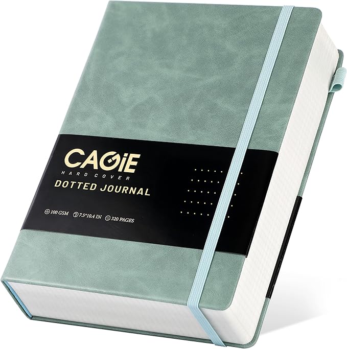 CAGIE Bullet Dotted Journal Notebook 320 Pages 100 GSM Paper Hardcover B5 Dot Grid Notebook Leather Journals for Writing Women Men Work Journaling, Green