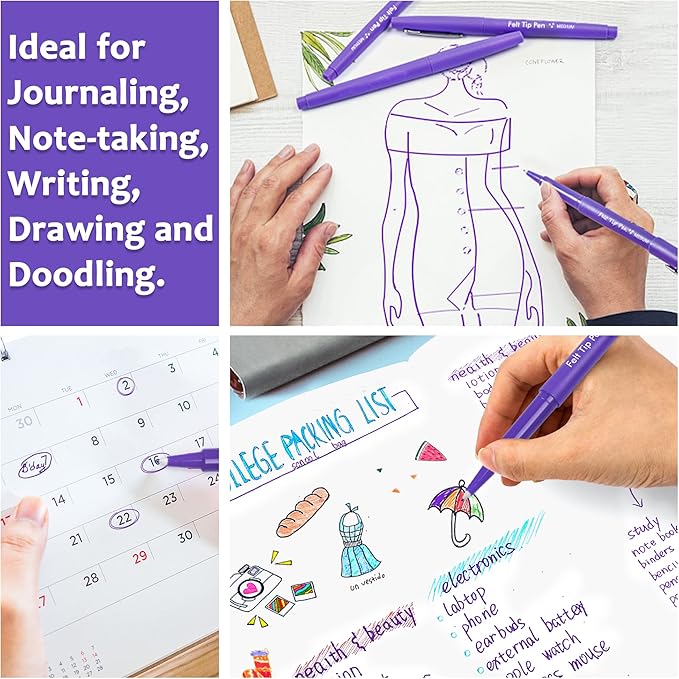 Lelix Felt Tip Pens, 30 Purple Pack, 0.7mm Medium Point, Felt Tip Markers Pens for Journaling, Writing, Note Taking, Planner, Perfect for School Office and Art Supplies