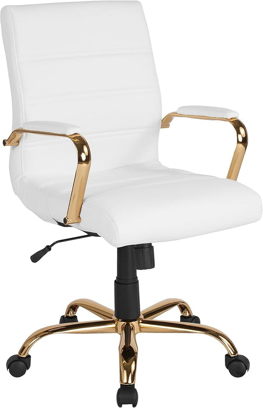 Flash Furniture Whitney Mid-Back Swivel LeatherSoft Desk Chair with Padded Seat and Armrests, Adjustable Height Padded Office Chair, White/Gold