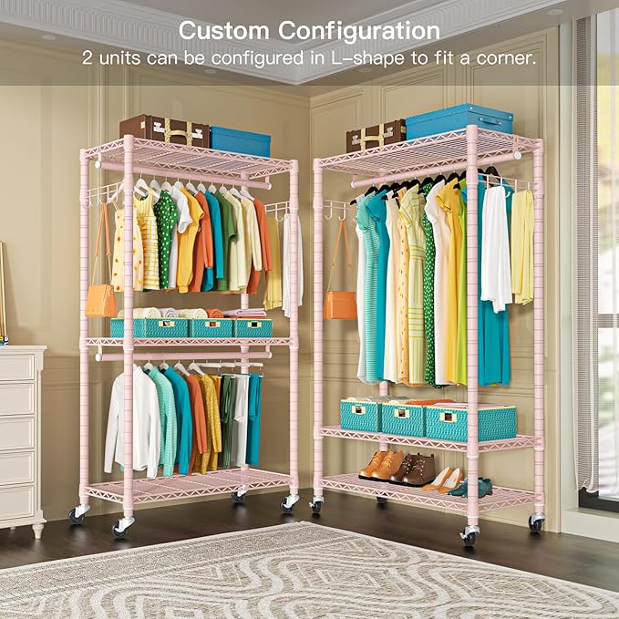 P1 Heavy Duty Garment Rack, 3 Tiers Adjustable Rolling Metal Closet Organizer with Lockable Wheels, FreeStanding Wardrobe with Double Hanger Rods & 1 Pair Hooks, Max Load 450 LBS, Pink
