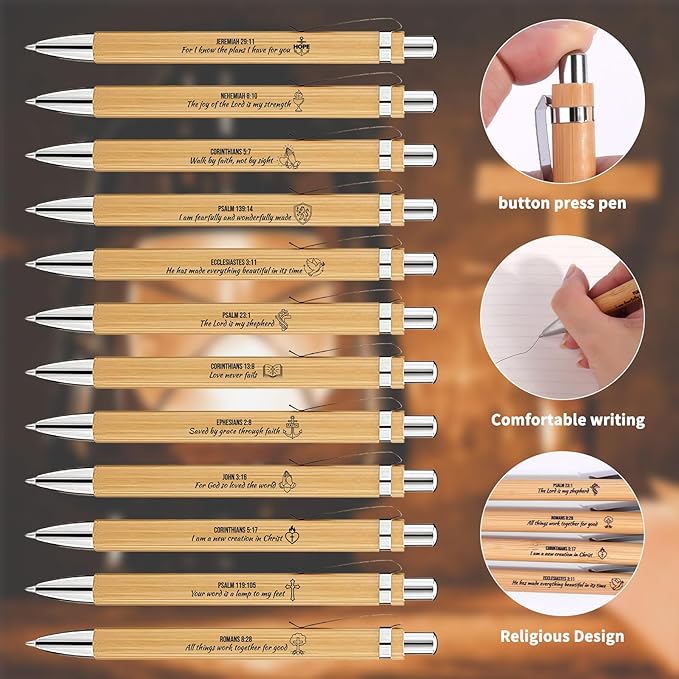 12 PCS Bamboo Bible Design Pens with Inspiring Text, Pen Set with 12 Ink Refills & 1 Black Pen Holder, Smooth Black Ink Ballpoint Pens for Church Staff, Gift for Women & Men