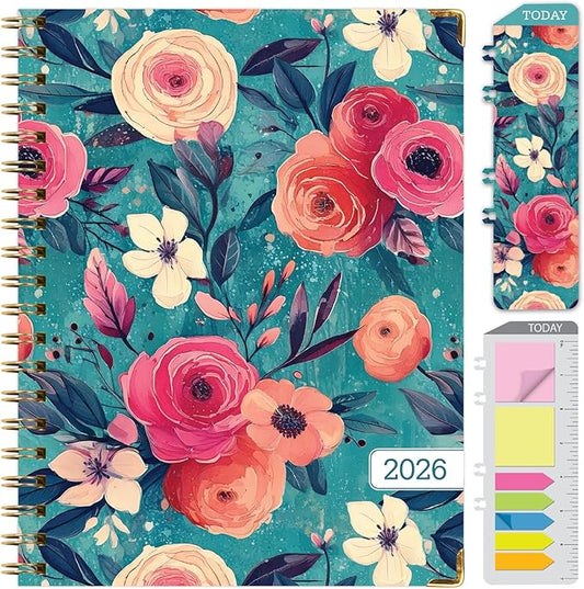 HARDCOVER 2026 Planner, 8.5"x11": 14 Months (November 2025 - December 2026), Daily Weekly Monthly Planner, Yearly Agenda, Bookmark, Pocket Folder and Sticky Note Set (Teal Floral)