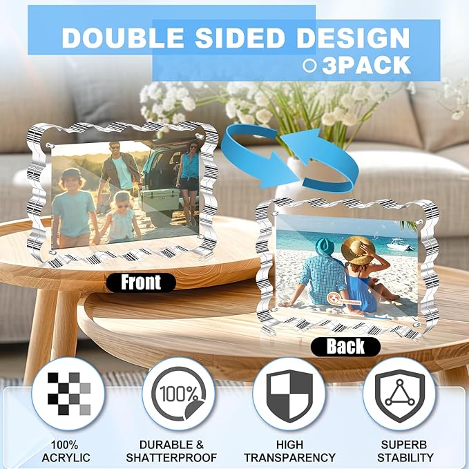 Aheroi 4x6 Acrylic Picture Frames, 3 Pack Clear Scalloped Acrylic Photo Frame Freestanding Magnetic Picture Frames for Desktop, Transparent Thickened Double Sided Picture Holder, Exclusive Shape Design