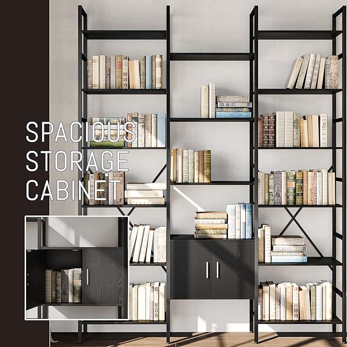 70x78 “ Triple 6 Tier Book Shelf, Industrial Large Bookcase with Storage Cabinet, Tall Bookshelf with 16 Open Display Shelves Metal Frame Furniture for Living Room Bedroom Home Office Black