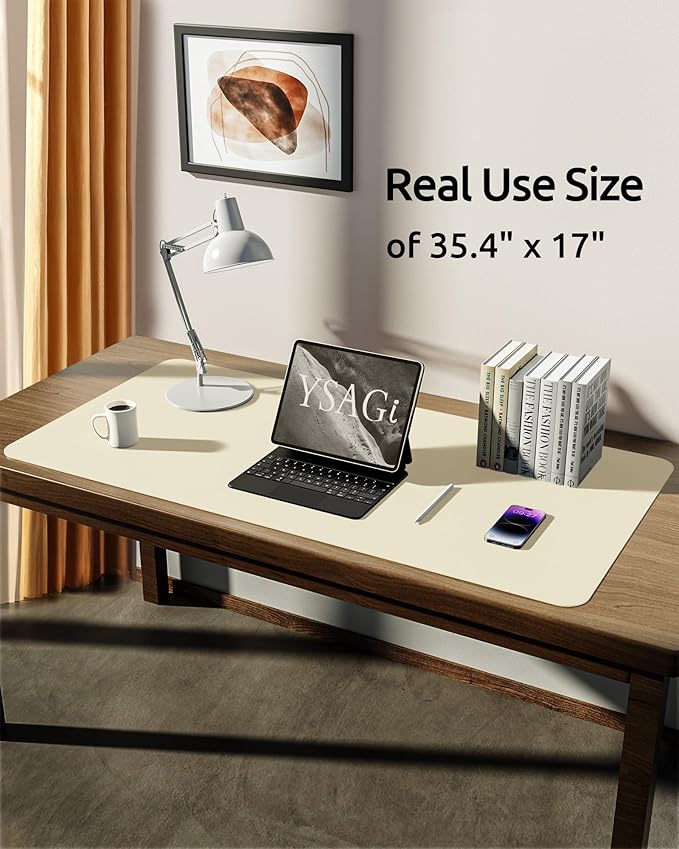 YSAGi Leather Desk Protector, Office Mat, Large Mouse Mat, Non-Slip PU Leather Blotter, Laptop Desk, Waterproof Writing Pad for Office and Home (Cream, 35.4" x 17")