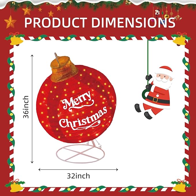 Lighted Pop-Up Christmas Ball with 180 LEDs & 8 Light Functions, Holiday Yard Decor，Outdoor Christmas Decorations