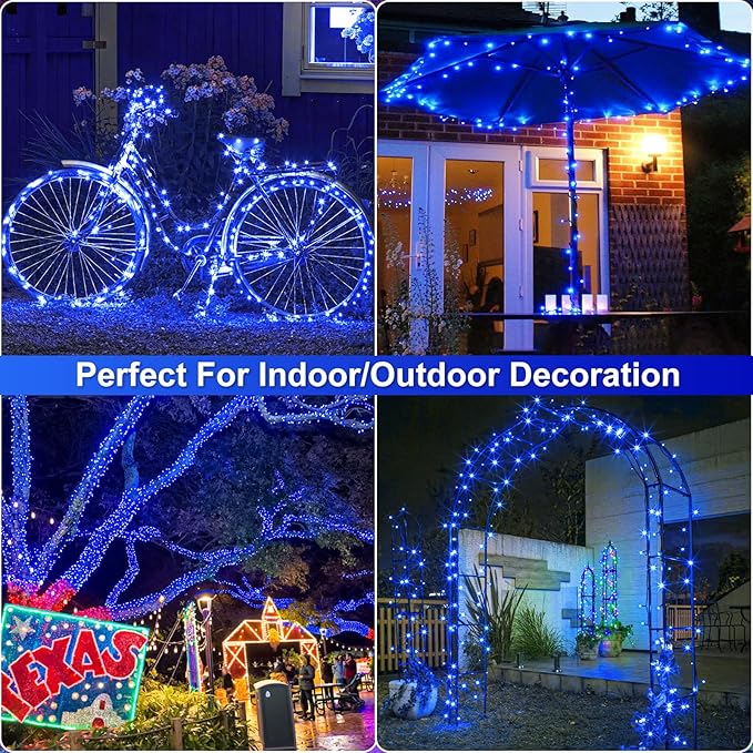 100FT 300 LED Christmas Lights Outdoor, Blue Christmas Tree Lights with 8 Modes Waterproof, Plug in Green Wire String Twinkle Light for Indoor Xmas House Patio Yard Holiday Decorations