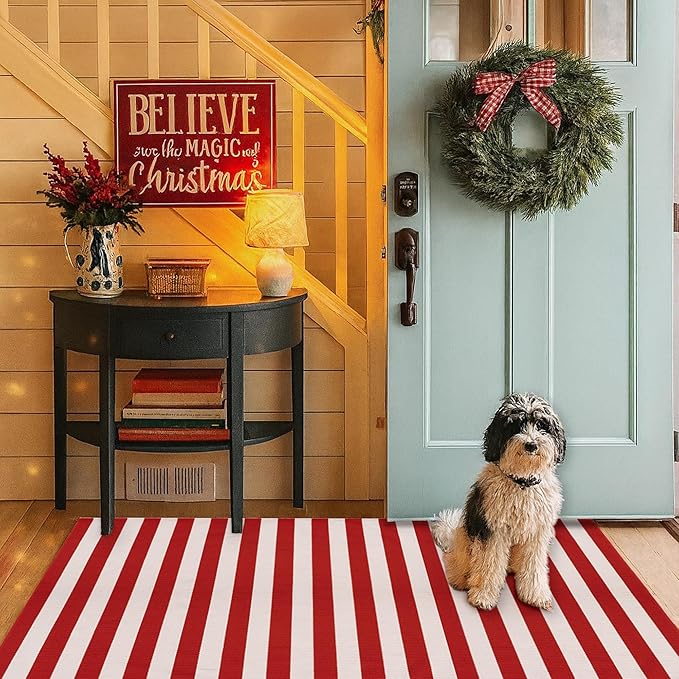Christmas Red & White Striped Rug - 4' x 6' Outdoor Front Door Decor Mat Cotton Washable Hand-Woven Rug Christmas New Year Holiday Porch Entryway Layered Doormat