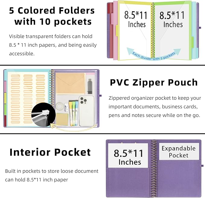 Ospelelf Foldable Spiral Clipboard Folio with Storage Zipper Pouch, 5 Plastic Folders with 10 Pockets,Refillable Lined Notepad (11" x 8.5"), Hardcover Project Organizer with 39 Stickers (Purple)