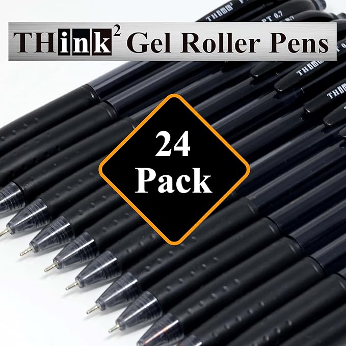THINK2MASTER [24 Pens - Black Ink Think2 0.7mm Precision Tip Gel Pens. (24 Black) Fine Point Small Rollerball Pens with Smooth Quick Drying Ink.