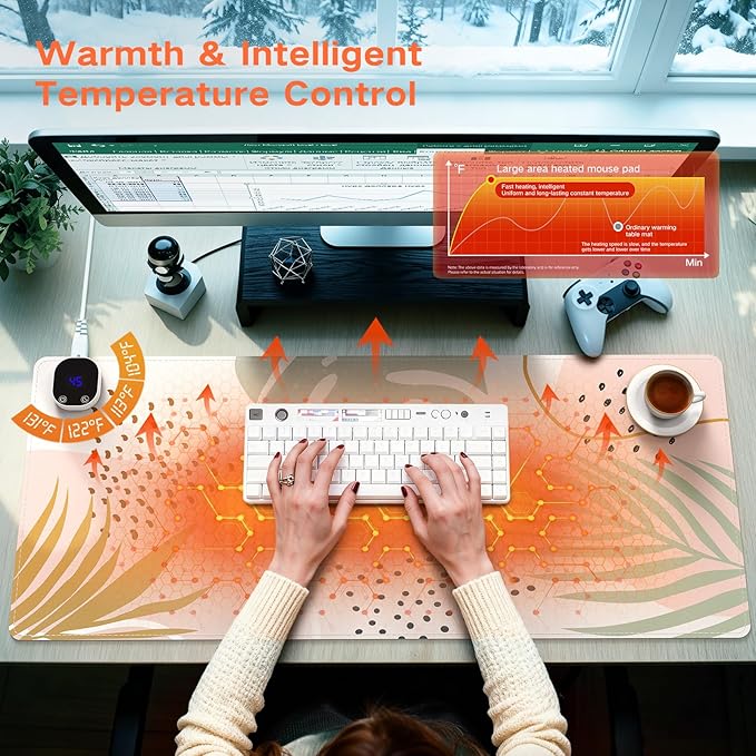 iCasso Heated Mouse Pad, XL Big Desk Pad with 4 Heating Levels & 4 Auto Shut-Off Levels for Computer Keyboard, 31.5" x 13" Large Safe Desk Mat Hand Warmer for Home Office Work (Morandi)