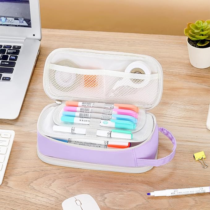 Pencil Case Large Zipper Pencil Pouch for Girls Kids Teens Adults Aesthetic Pencil Bag Stationery Organizer Pen Pencil Case with Handle for School Purple