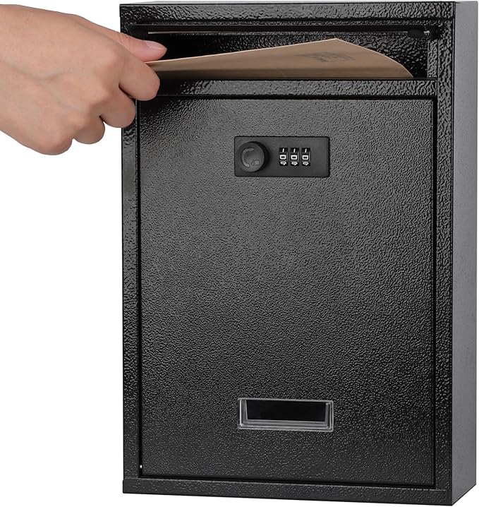 KYODOLED Locking Wall Mount Mailbox, Mail Boxes with Combination Lock for Outside, Security Drop Box with Code,12.4H x 8.54L x 3.35W Inches, Black