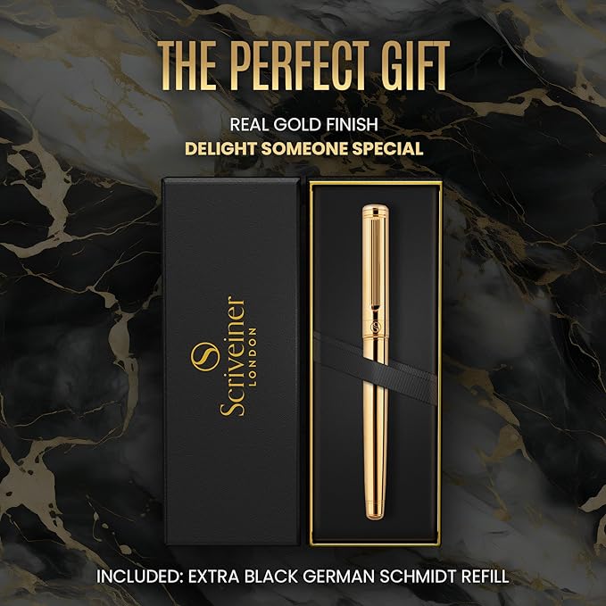 Scriveiner Gold Rollerball Pen - Stunning Luxury Pen, Real Gold Plating, Schmidt Ink Refill, Best Roller Ball Pen Gift Set for Men & Women, Professional, Executive Office, Nice Pens