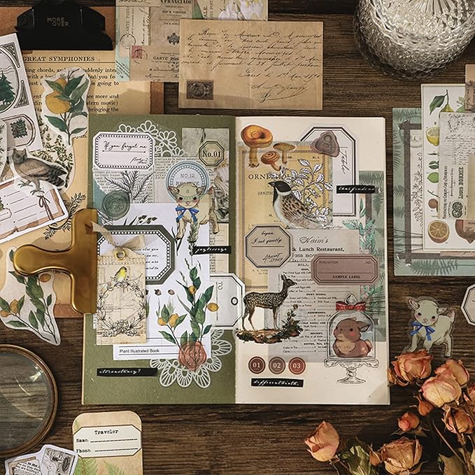 260PCS Vintage Journaling Scrapbooking Supplies Scrapbook Sticker Paper Ephemera Pack for Bullet Junk Journal Planners Collage Craft Notebooks Album (Plants and Birds)
