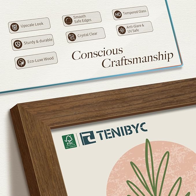 12x16 Picture Frame 4 Pack - Brown, Natural Wood Grain, HD Tempered Glass, 12 x 16 Photo Frame for Wall