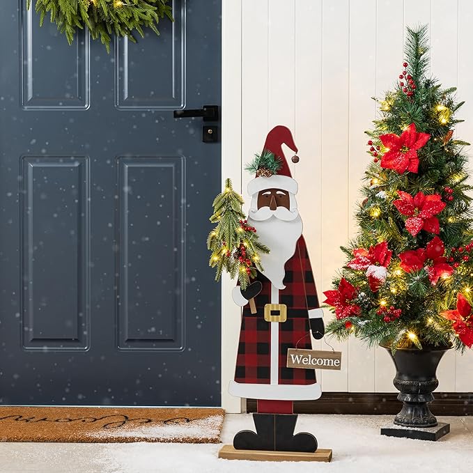 Glitzhome 36''H Lighted Wooden Africa Santa Porch Decor with Timer & LED Lights, Christmas Standing Santa Porch Sign Decor with Xmas Tree and Welcome Plaques for Front Door Outdoor Decor