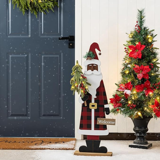 Glitzhome 36''H Lighted Wooden Africa Santa Porch Decor with Timer & LED Lights, Christmas Standing Santa Porch Sign Decor with Xmas Tree and Welcome Plaques for Front Door Outdoor Decor