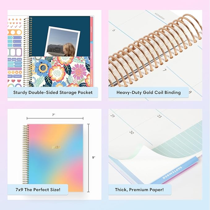 Blue Sky Livewell 2026 Weekly and Monthly Planner Calendar, January 2026 - December 2026, 7" x 9", Flexible Laminated Cover, Heavy Duty Coil Binding, Colorful Premium Paper, Includes Storage Pocket, Stickers, Charmie