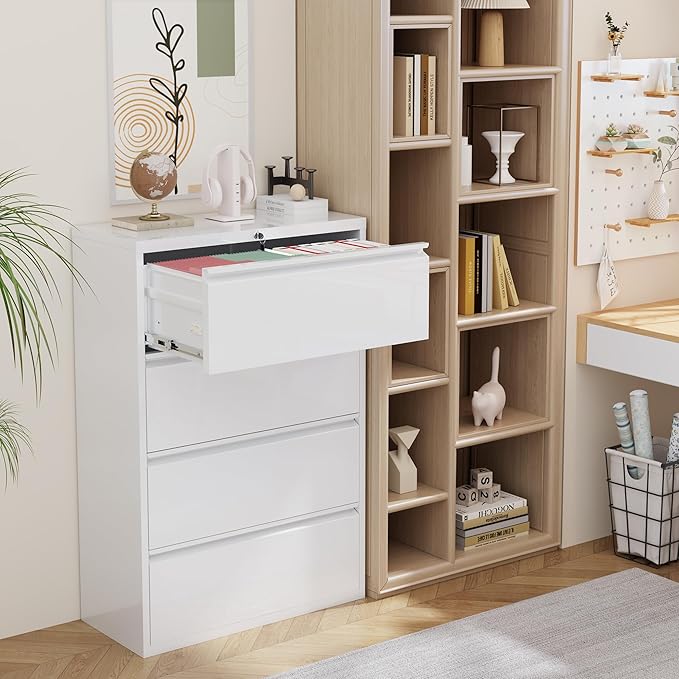INTERGREAT 4 Drawer File Cabinet, White Lateral File Cabinet with Lock, 36" W Metal Office Filing Cabinet with Adjustable Frame for Legal, Letter, A4 Files