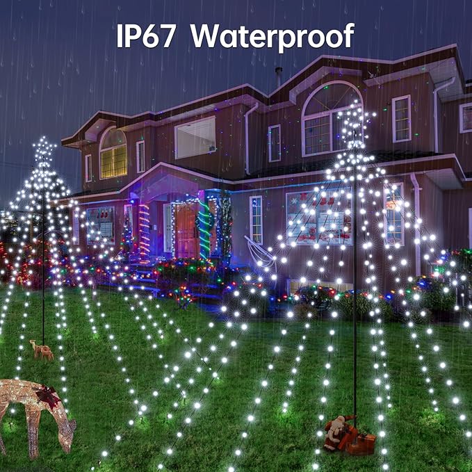 Christmas Tree Lights 340LED with Topper Star, IP67 Waterproof Remote Control Waterfall Lights with Pole, 16 Modes 3 Timers Dimmable Christmas Decorations for Outdoor Yard (White)