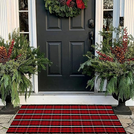 Buffalo Plaid Outdoor Rug Christmas Door Mat Christmas Decor Welcome Rug Cotton Hand-Woven Layered Door Mats for Front Porch, Kitchen, Farmhouse, Entryway (24"x51", Red/Black/White)