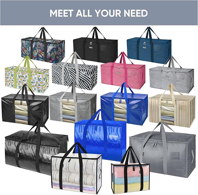 TICONN 12 Pack Extra Large Moving Bags with Zippers & Carrying Handles, Heavy-Duty Storage Tote Moving Boxes for Space Saving