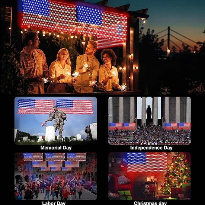 HYH American Flag Lights with 420 Super Bright LEDs,Waterproof Led Flag Net Light of The United States for Yard,Garden Decoration, Festival, Holiday, Party Decoration,Christmas Decorations