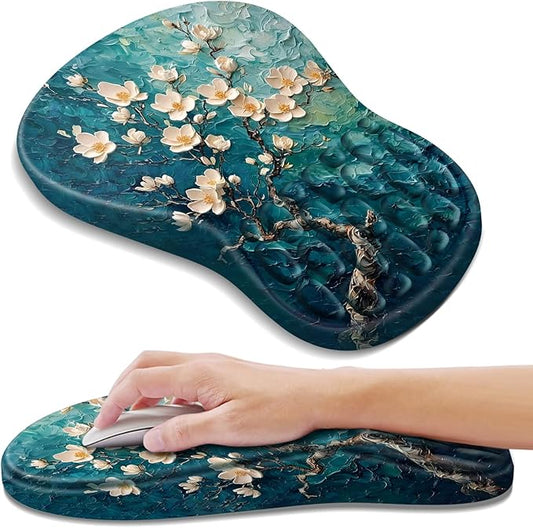 YIWEI Ergonomic Mouse Pad with Wrist Rest Support, Mousepad with Comfortable Memory Foam Wrist Rest and Non-Slip PU Base for Pain Relief, Computer, Laptop, Office, Home (Plum Plossom)