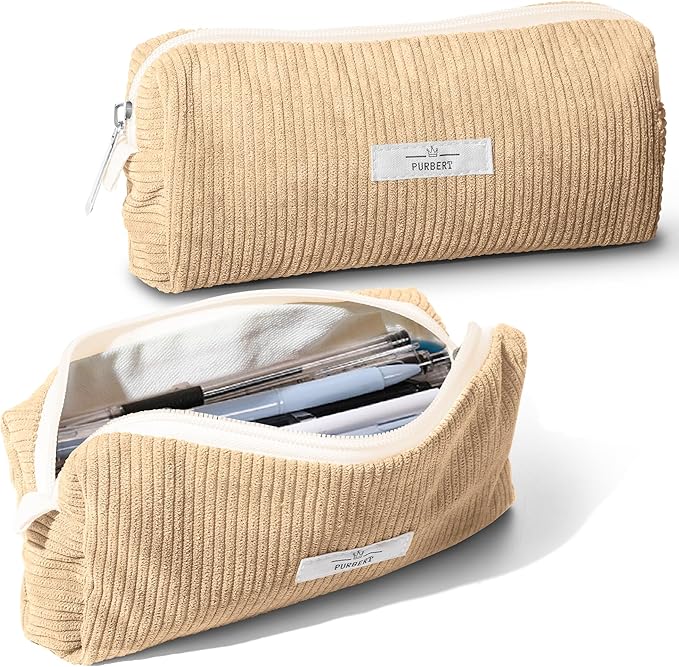 Pencil Bag Pen Case, Soft Corduroy Small Pencil Pouch Organizer with Zipper, Cute Pencil Case Pouch Stationery for Girls and Boys – Apricot