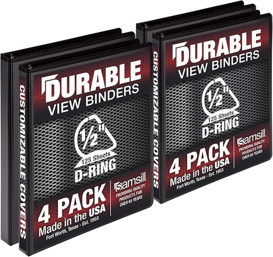 Samsill Durable 0.5 inch 3 Ring Binder, Made in USA, D Ring Binder, FSC 100% Recycled Chipboard, Black, 4 Pack