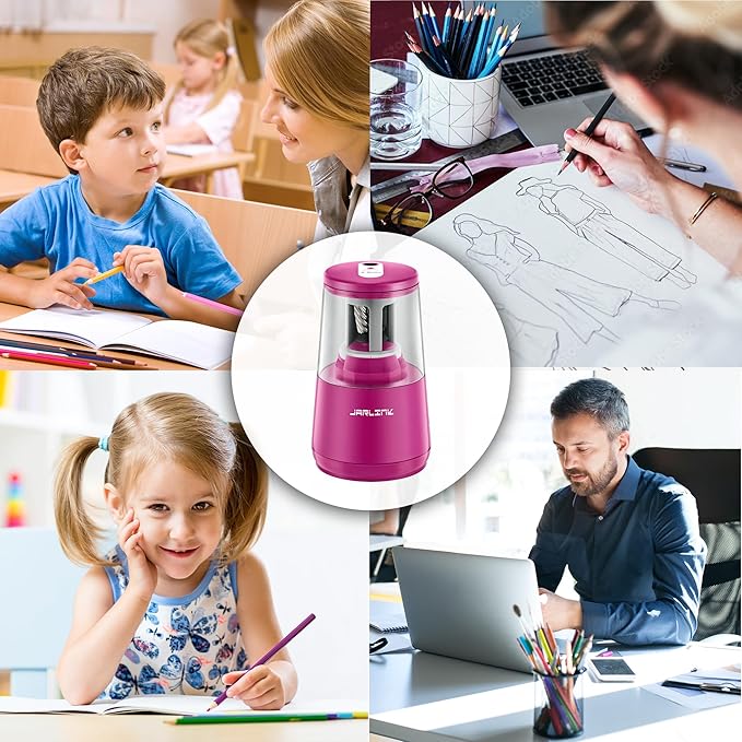 JARLINK Electric Pencil Sharpener, Heavy-Duty Helical Blade to Fast Sharpen, Auto Stop for No.2/Colored Pencils(6-8mm), AC Adapter/Battery Operated in School Classroom/Office/Home (Purple)