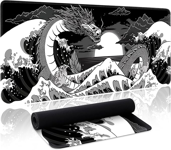 Wave Sea Dragon Gaming Mouse Pad Large Desk Mat Extended Black Keyboard Mouse Pad Gaming Mousepad with Non-Slip Base Stitched Edge Anime Mouse Mat Desk Pad 31.5 X 11.8 Mouse Pads for Desk Home Office