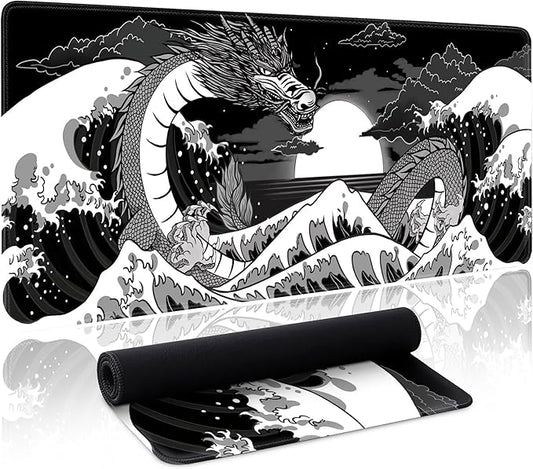 Wave Sea Dragon Gaming Mouse Pad Large Desk Mat Extended Black Keyboard Mouse Pad Gaming Mousepad with Non-Slip Base Stitched Edge Anime Mouse Mat Desk Pad 31.5 X 11.8 Mouse Pads for Desk Home Office