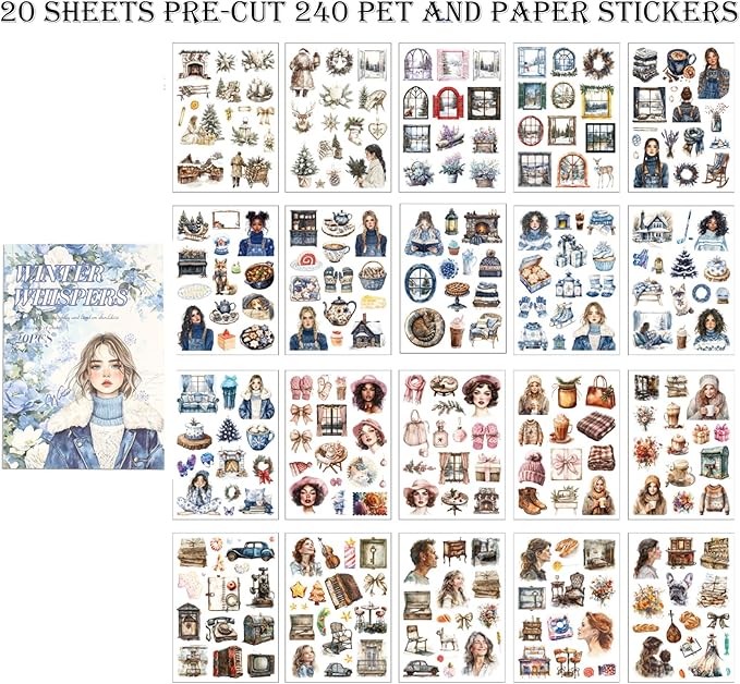 Winter Scrapbook Stickers 20 Sheets 240 Pre-Cut Washi Stickers for Journaling PET Transparent Book Sticker Decorative or DIY Paper Crafts, Arts and Crafting Projects