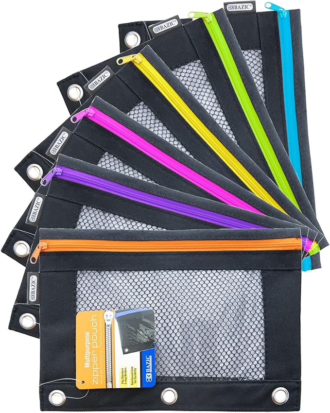 BAZIC Pencil Pouch 3 Ring Binder Pouch w/Rivet Enforced Rings Holes, Neon Black Color Mesh Window Zipper Pouches, 6-Pack