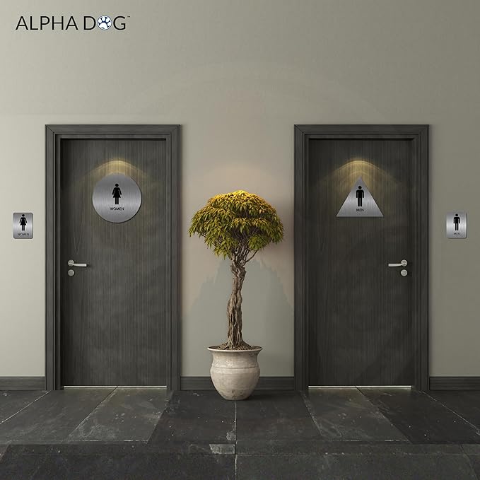 ALPHA DOG ADA SIGNS Men's Women's Restroom Sign Bundle 6x9 inch ADA Compliant Business Wall Mount Indoor Outdoor Easy Install USA Made (Brushed Stainless)