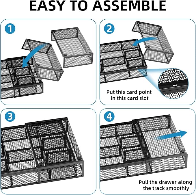 Marbrasse Expandable Desk Drawer Organizer, Mesh Drawer Organizer Tray with 10 Adjustable Compartments, Desk Organizers and Accessories for Office Supplies (Longer Expandable Drawer Organizer-B)
