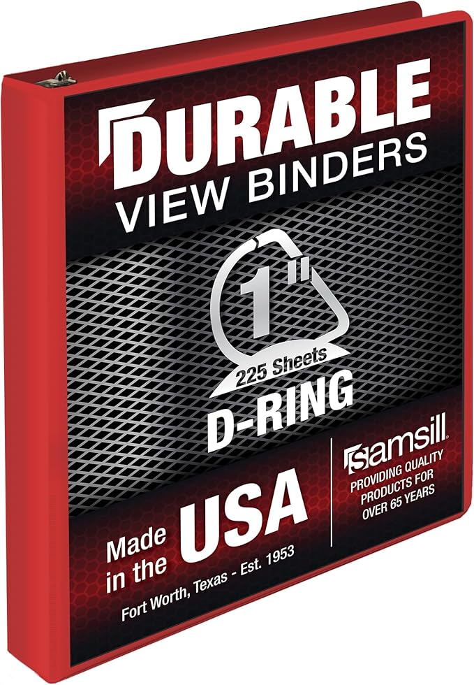 Samsill Durable 1 Inch Binder, Made in The USA, D Ring Binder, Customizable Clear View Cover, Ruby Red, Holds 225 Pages