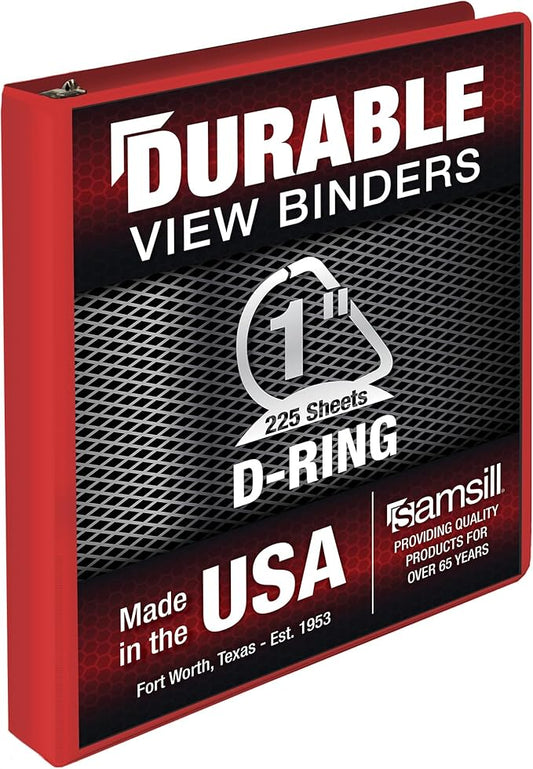 Samsill Durable 1 Inch Binder, Made in The USA, D Ring Binder, Customizable Clear View Cover, Ruby Red, Holds 225 Pages