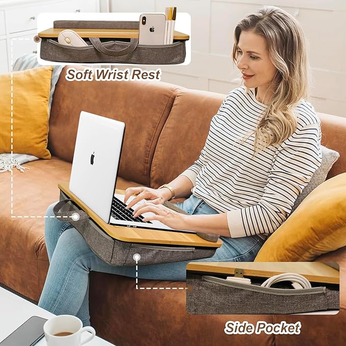 Portable Lap Desk for Laptop with Cushion, Storage Bag Fits Up to 15.6 Inch Laptop, Adults with Ipad/Phone & Pillow Holder for Home Office Bed Couch- Light Wood Color