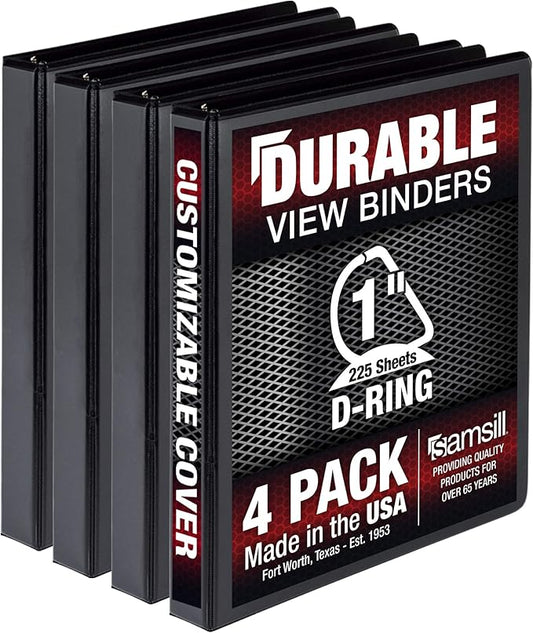 Samsill Durable 1 inch 3 Ring Binder, Made in USA, D Ring Binder, FSC 100% Recycled Chipboard, Black, 4 Pack