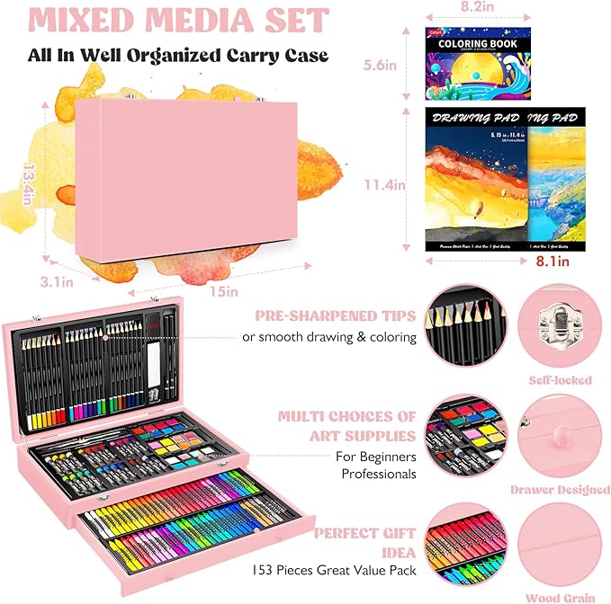 Caliart Art Supplies, 153-Pack Deluxe Art Set in Wooden Case, Crafts Drawing Painting Kits with 2 A4 Sketch Pads, Coloring Book, Stocking Stuffers Christmas Gifts for Teens Girls Kids Artists