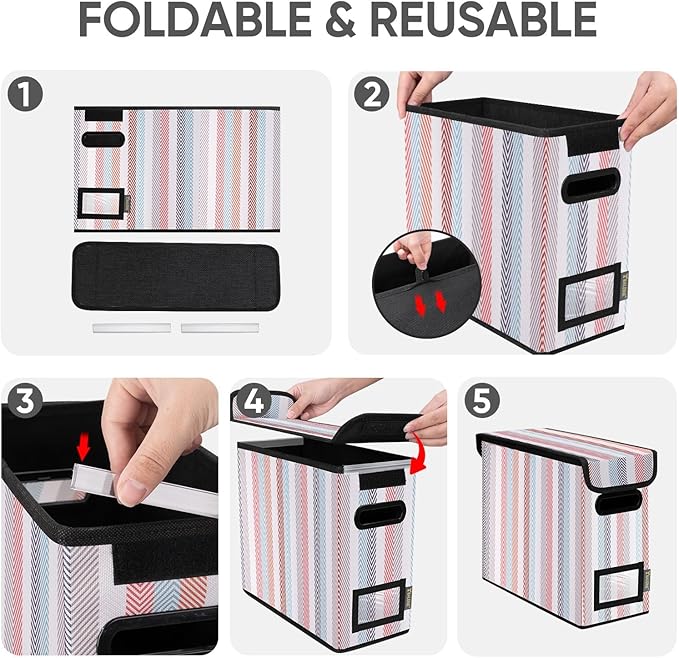 BALEINE File Organizer Box with Lid, Collapsible File Folder Organizer with Plastic Slide, Hanging File Folder Box for Office Document Storage (2 Pack, Color Stripe, S)