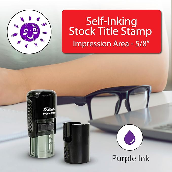 Shiny Sun Teacher Stamp, Round Self Inking Stamp for Classroom, Purple Ink