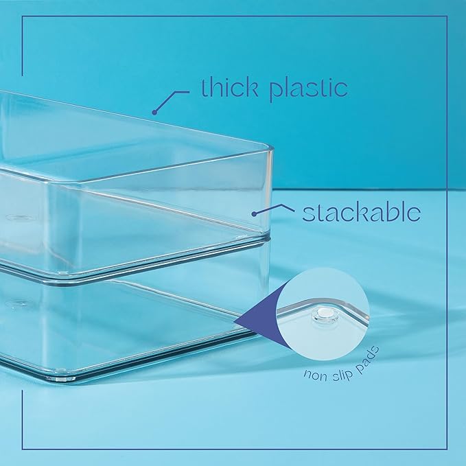 Six Pcs. Plastic Clear Drawer Organizers. Stackable Storage Trays for Kitchen Utensils and Silverware. 2 Sizes. Stackable