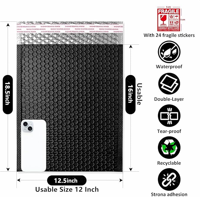 Large Bubble Mailers 12x18'' 100 Pack and 24PCS Fragile Stickers Black Thick Waterproof Padded Poly Envelopes Bubble Wrap Mailers Self Seal Shipping Bag for Small Business Shipping Envelope Mailers #5