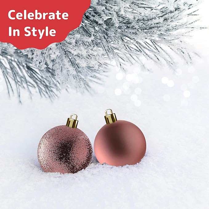Prextex 36-Pieces Christmas Ornaments Set - Shatterproof, Festive Christmas Balls Decorations in 3 Sizes and 6 Styles with Hanging Loops for Tree, Wreath, and Dazzling Holiday Party Decor - Rose Gold